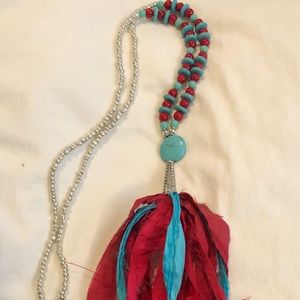 Red and Turquoise Silk Tassel Necklace